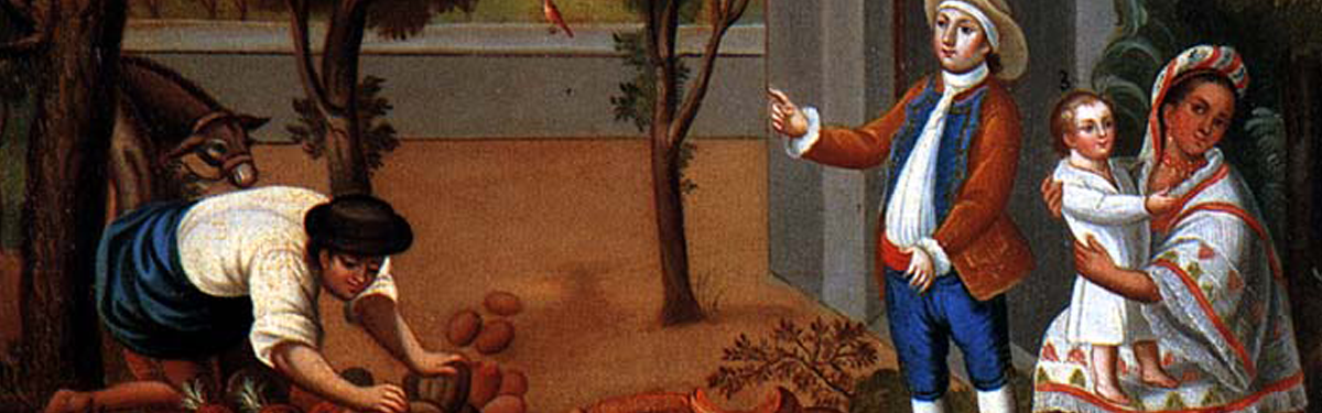 Painting of Mestizos with the caption "Spanish and Indian produce Mestizo"